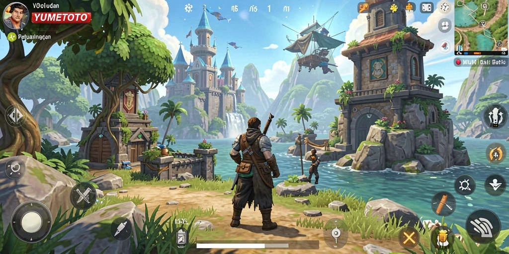 Screenshot gameplay YUMETOTO menampilkan dunia terbuka yang luas dan interaktif.